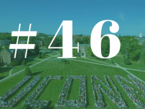 UConn students on the storrs central lawn creating the words UConn, and the number 46 overtop it